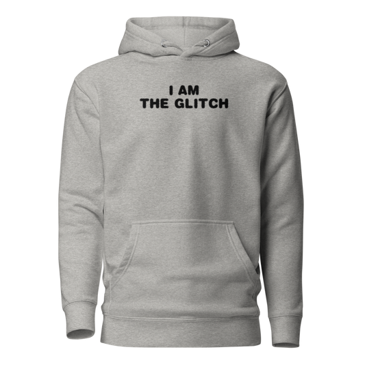 "I am the glitch" printed on a carbon grey on an invisible / simulated body