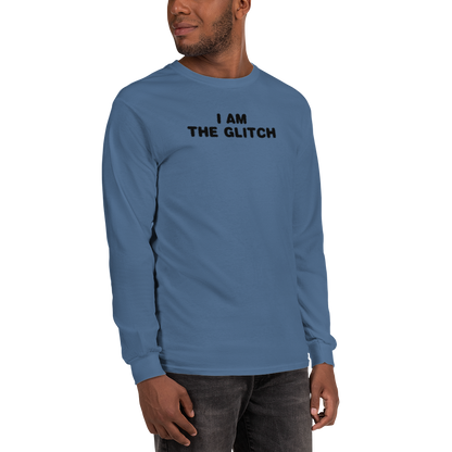 "I am the glitch" printed on a indigo blue men's long sleeve shirt worn by a male