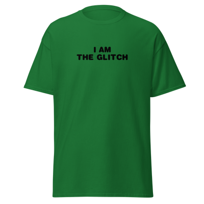 "I am the glitch" printed on a turf green on an invisible body