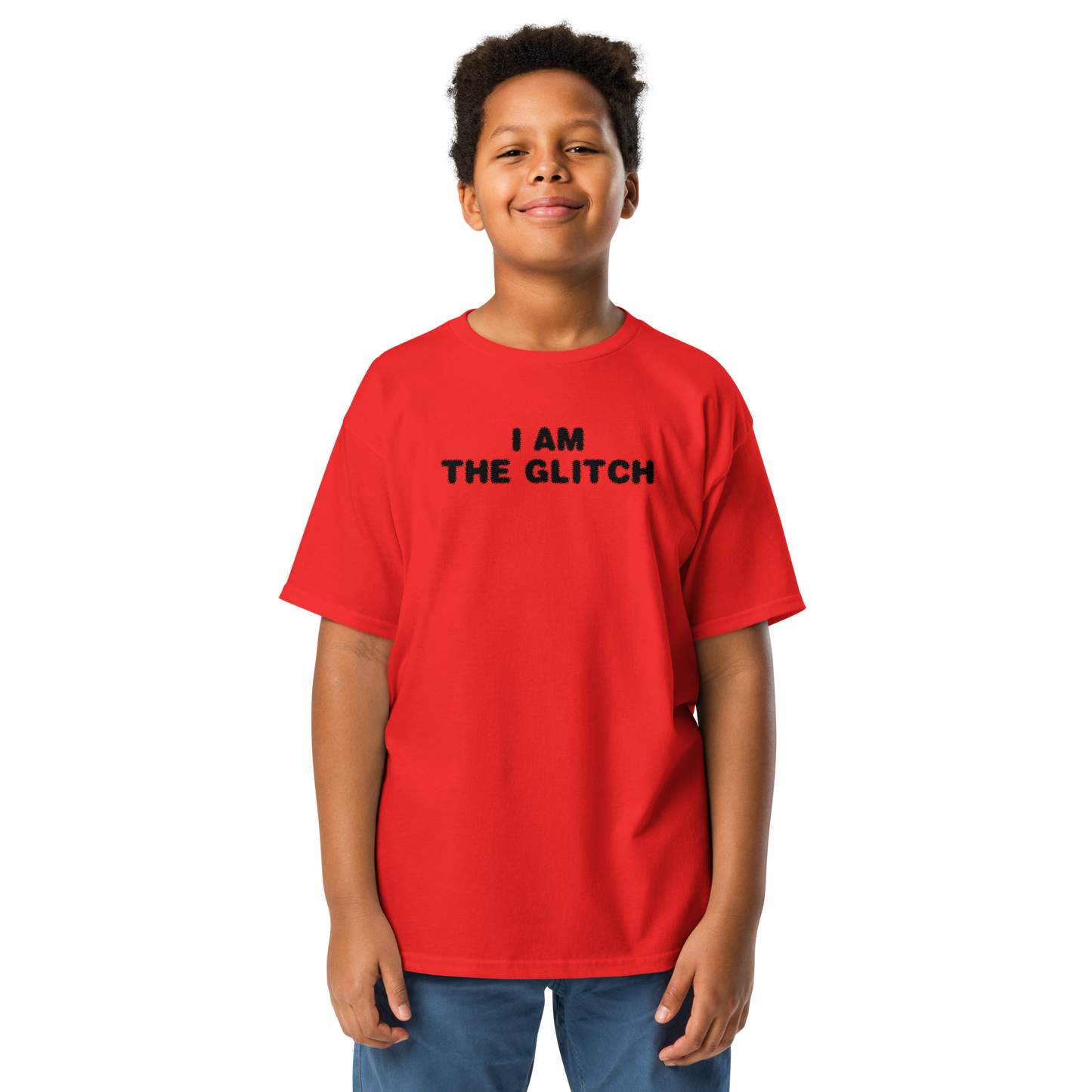 "I am the glitch" printed on a red youth classic tee worn by a male