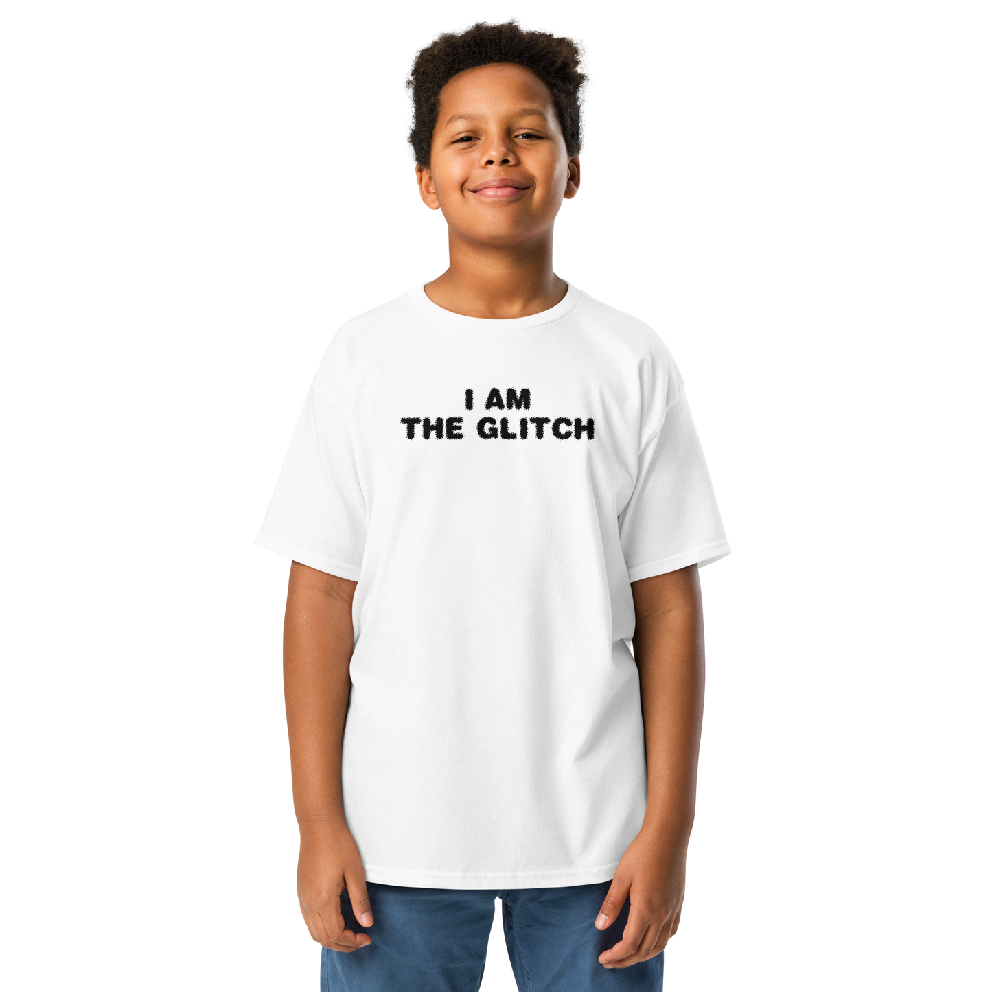 "I am the glitch" printed on a white youth classic tee worn by a male