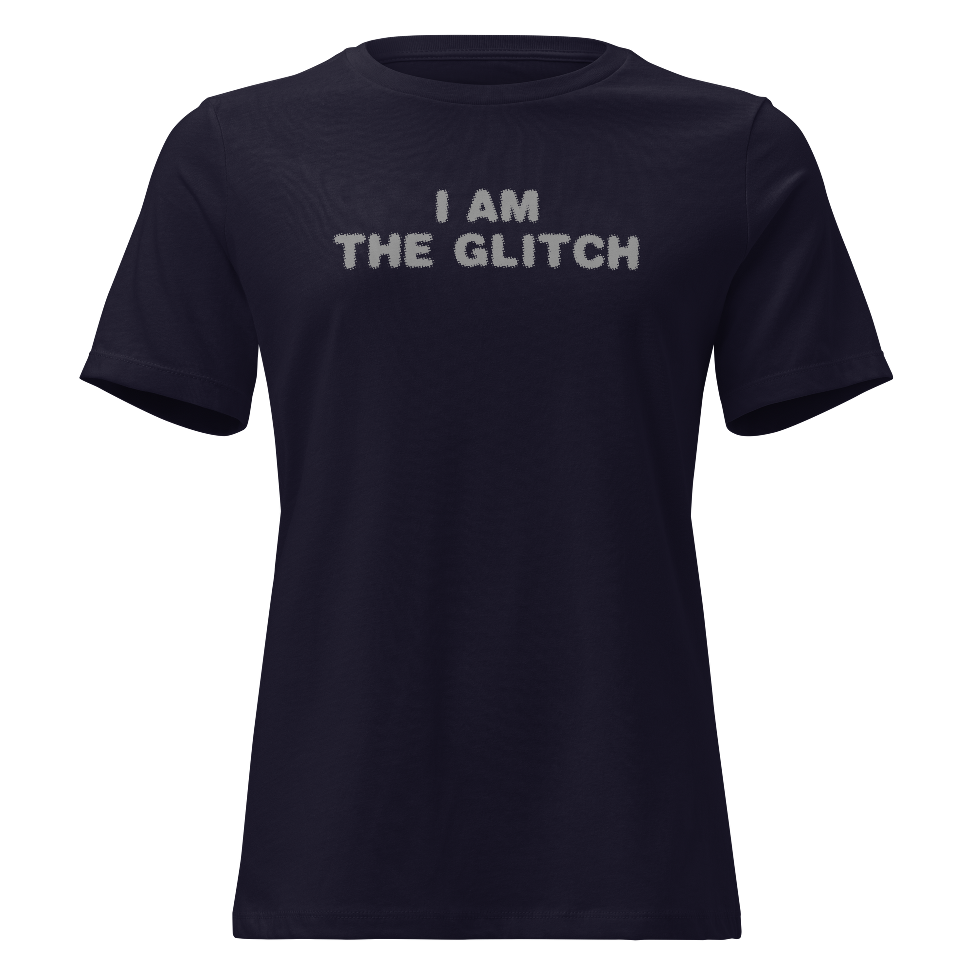 "I am the glitch" printed on a navy on an invisible / simulated body