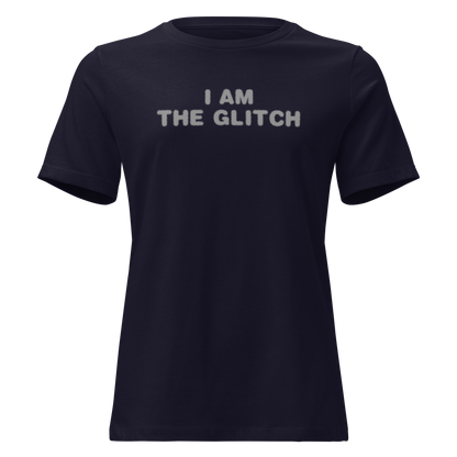 "I am the glitch" printed on a navy on an invisible / simulated body