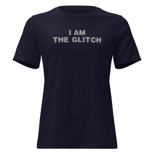 "I am the glitch" printed on a navy on an invisible / simulated body