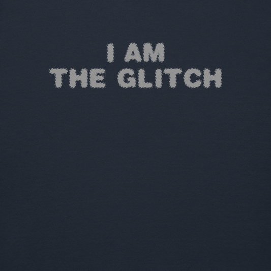 "I am the glitch" printed on a navy blazer background