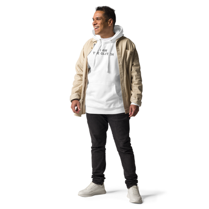 "I am the glitch" printed on a white unisex hoodie worn by a male with a jacket on top
