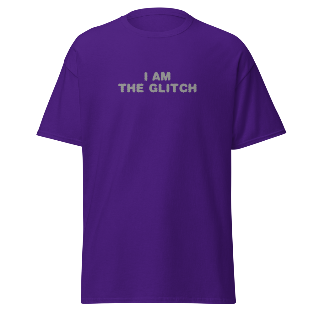 "I am the glitch" printed on a purple on an invisible body