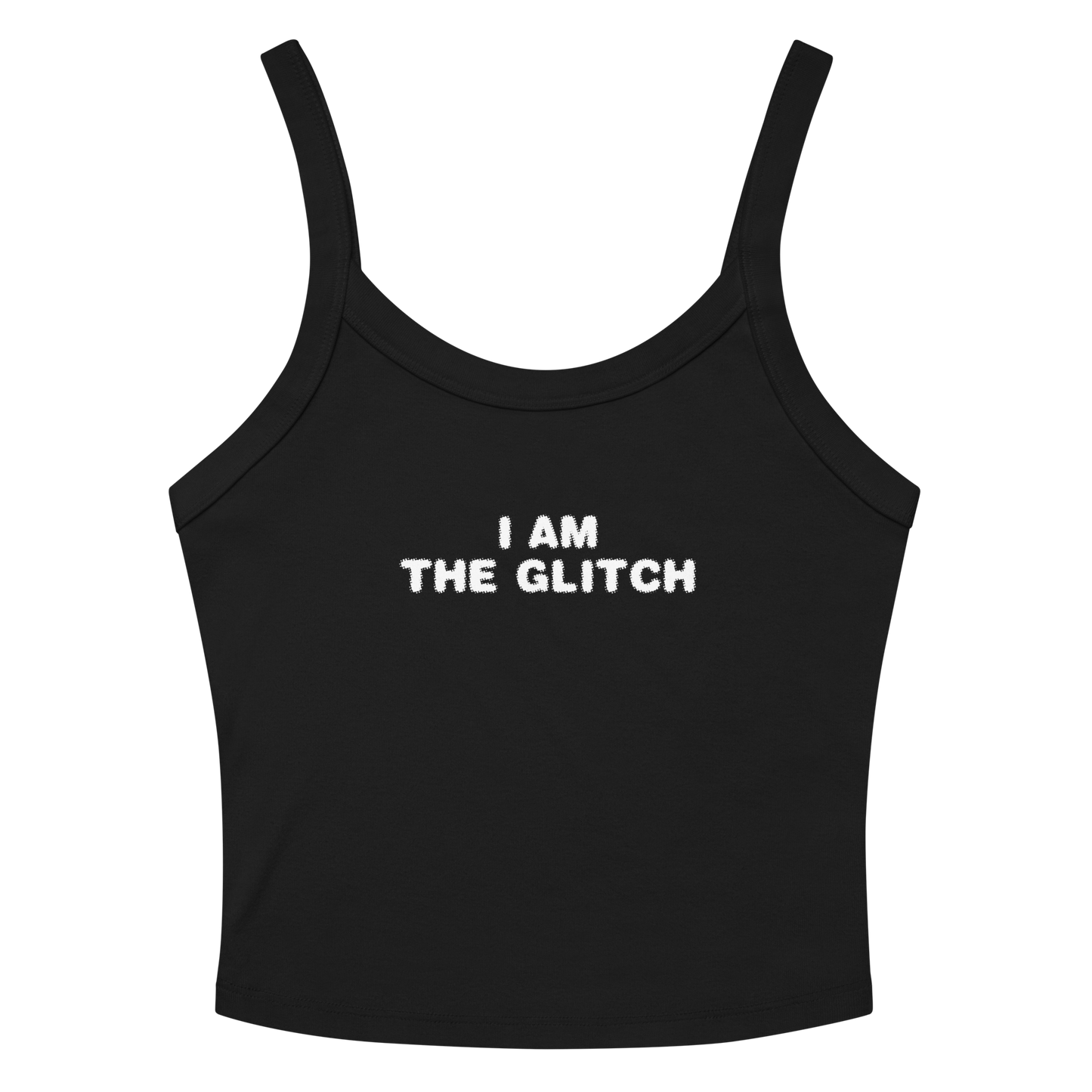 "I am the glitch" printed on a solid black blend women's micro-rib tanktop laying on a flat surface amongst sunglasses and shorts