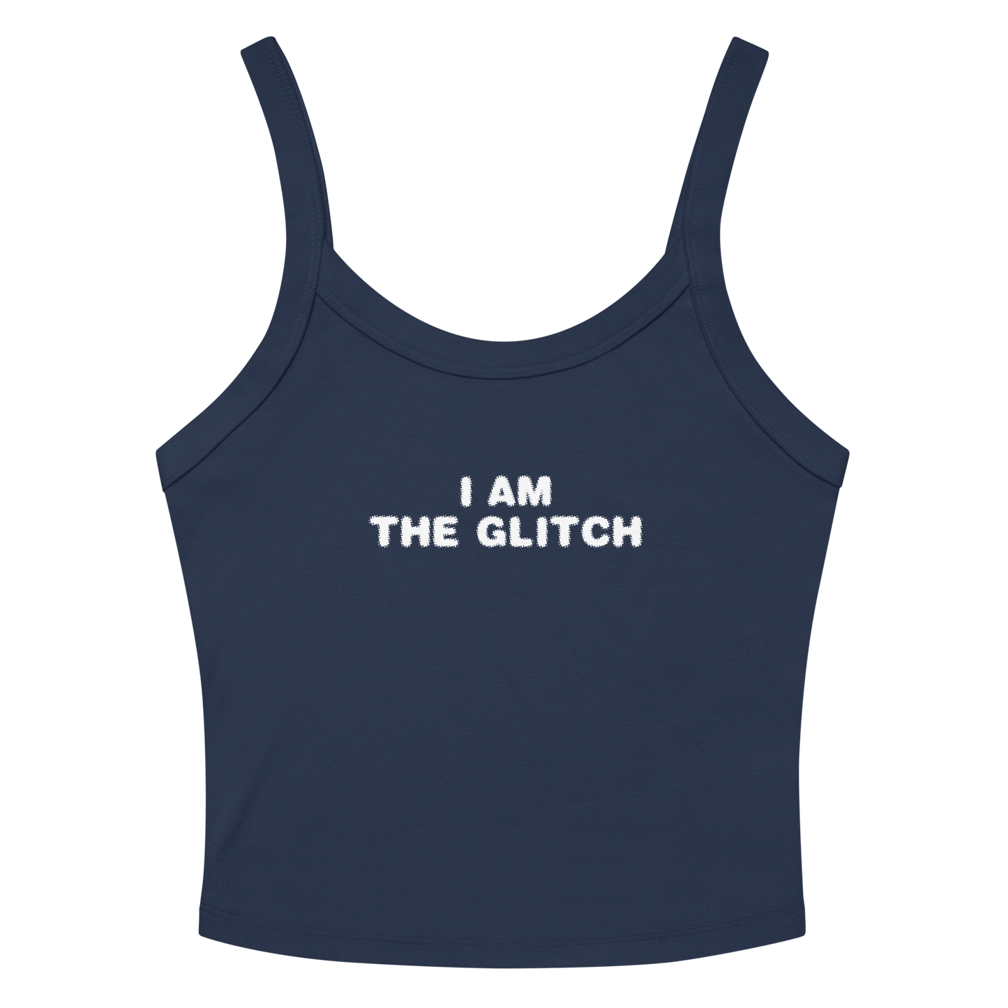 "I am the glitch" printed on a solid navy blend women's micro-rib tanktop laying on a flat surface amongst sunglasses and shorts
