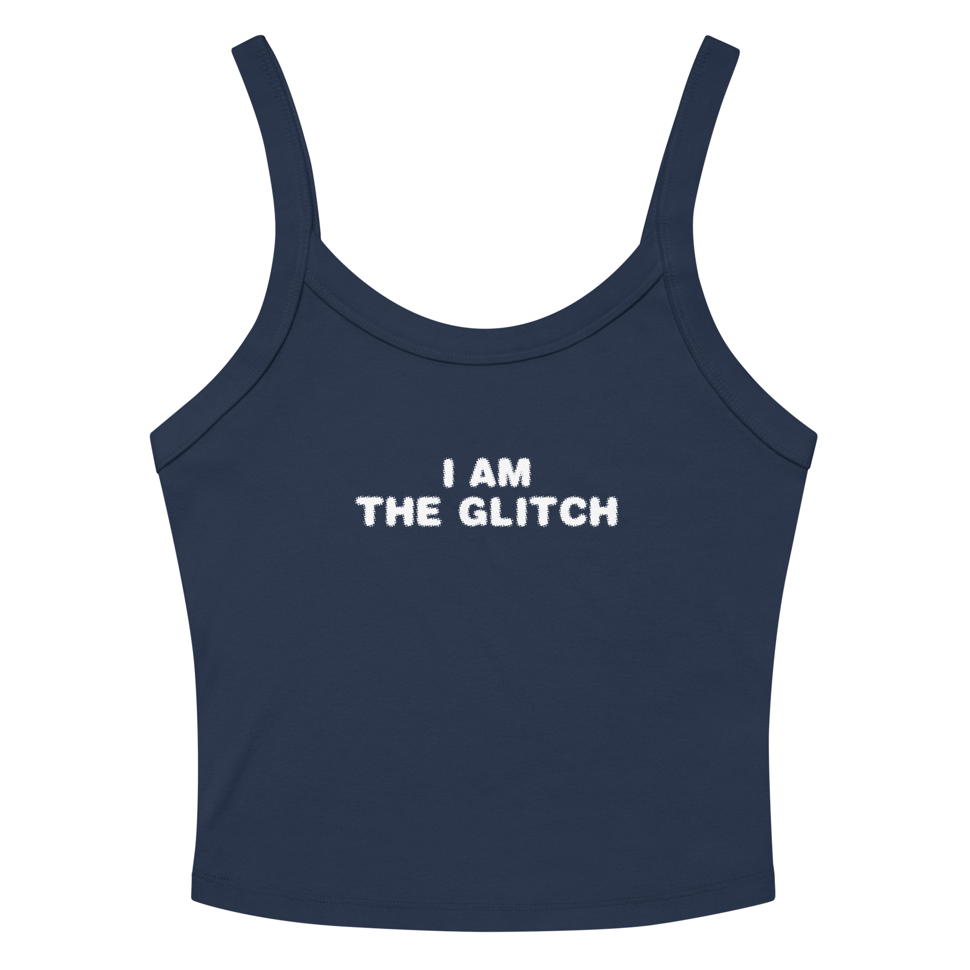 "I am the glitch" printed on a solid navy blend women's micro-rib tanktop laying on a flat surface amongst sunglasses and shorts