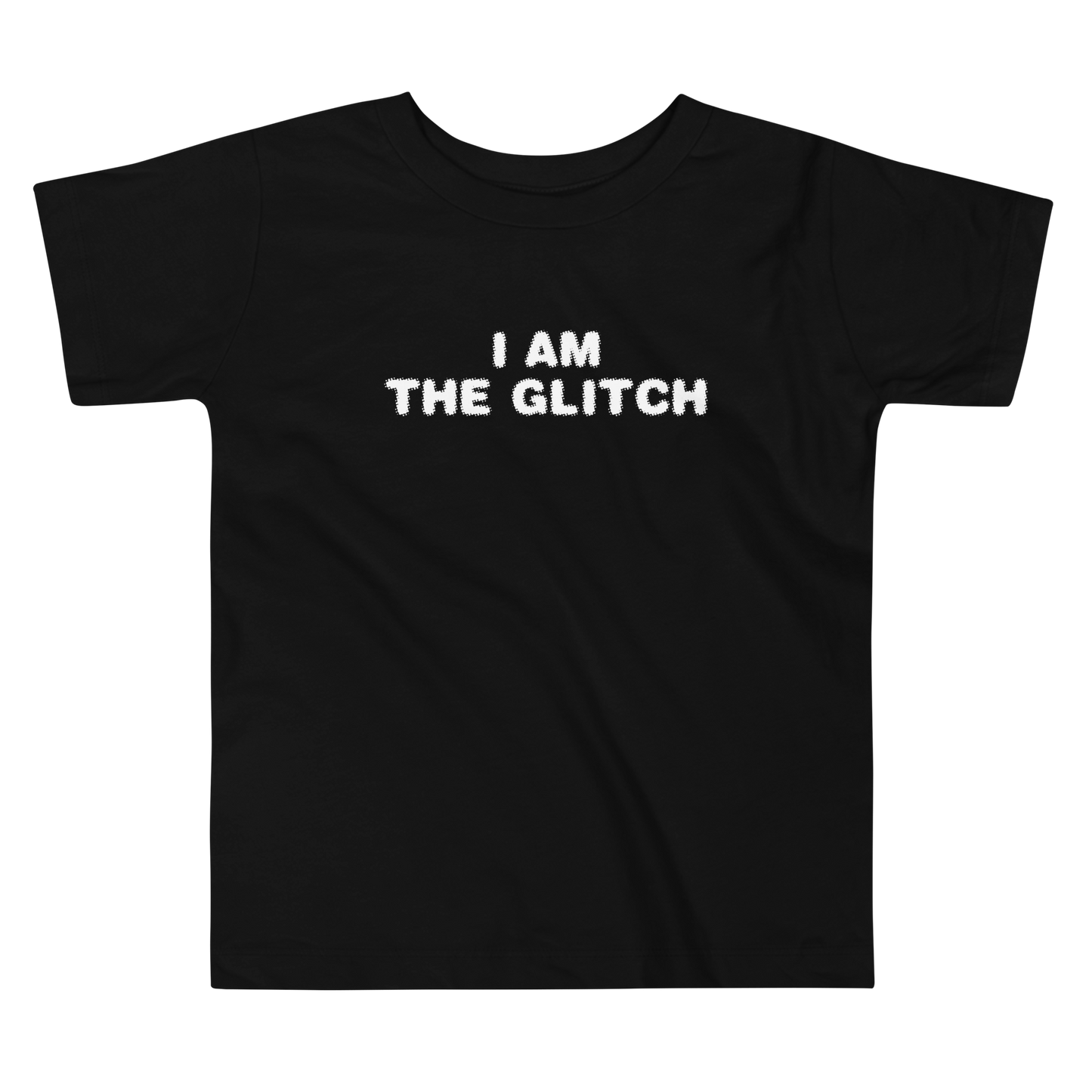 "I am the glitch" printed on a black toddler short sleeve tee laying on a flat surface