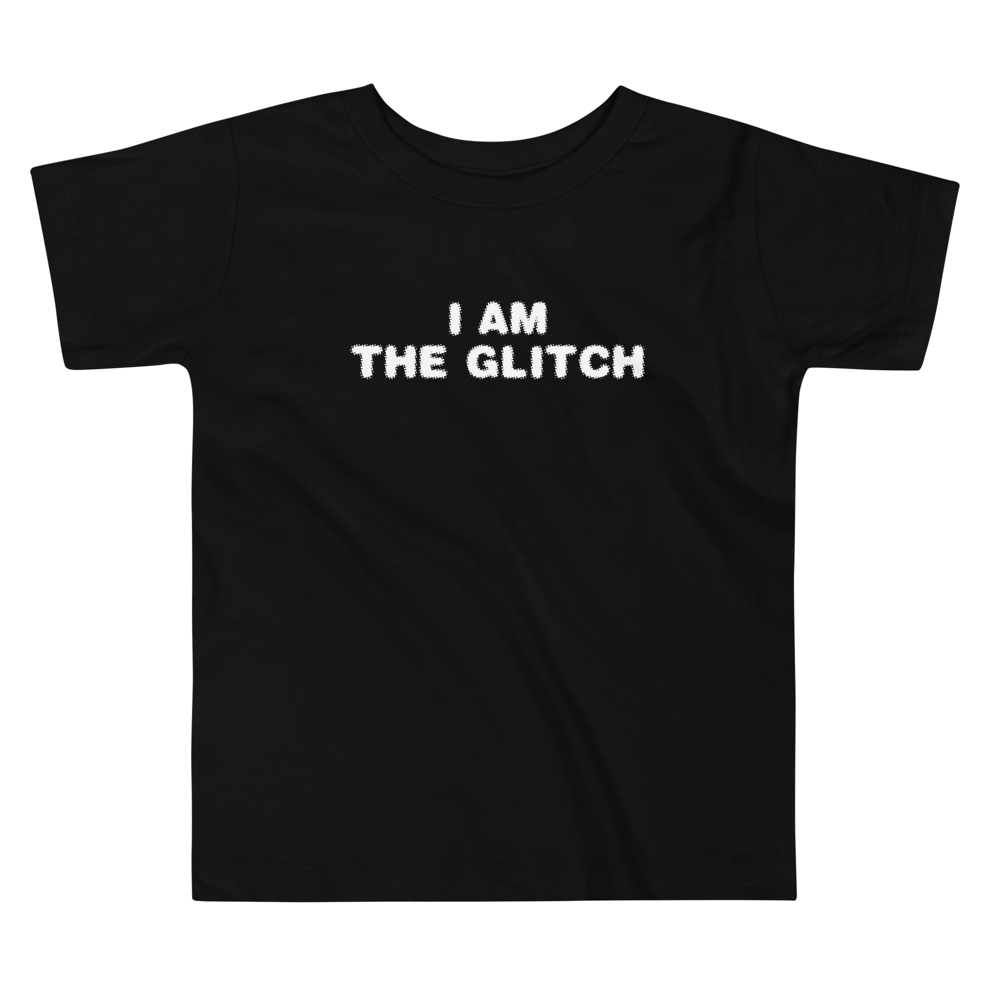 "I am the glitch" printed on a black toddler short sleeve tee laying on a flat surface