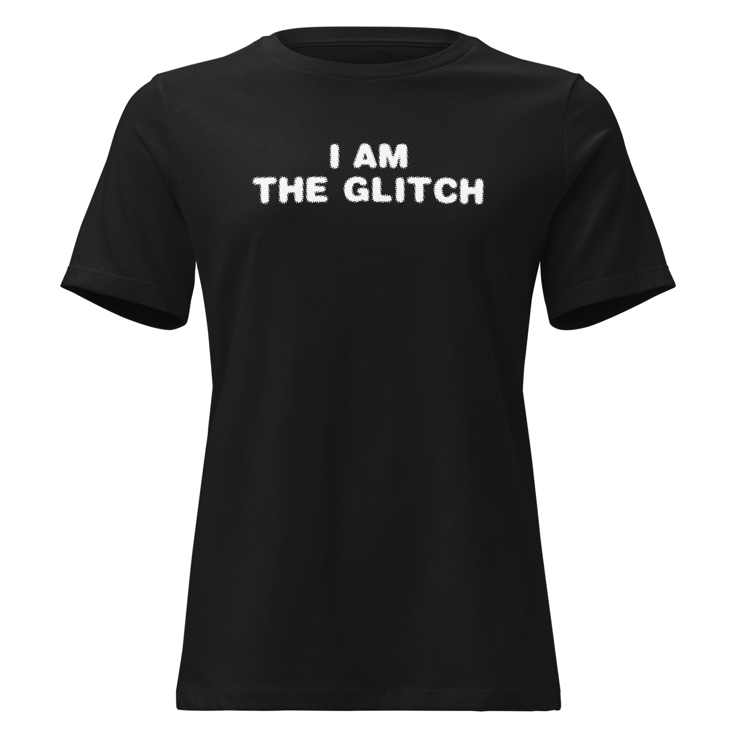 "I am the glitch" printed on a black on an invisible / simulated body
