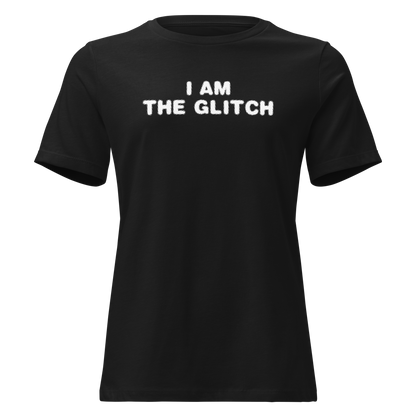 "I am the glitch" printed on a black on an invisible / simulated body