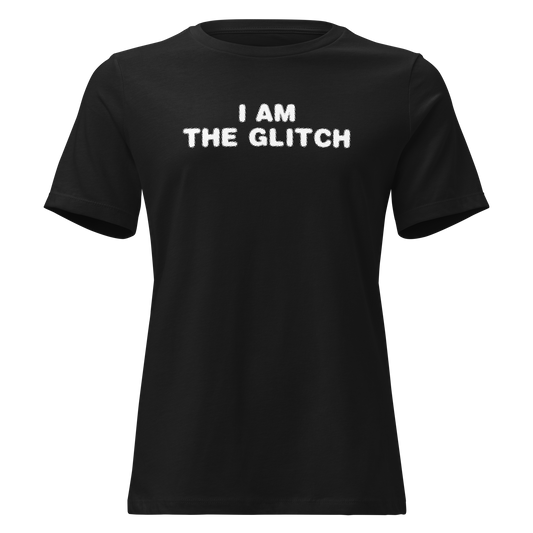 "I am the glitch" printed on a black on an invisible / simulated body