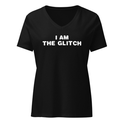 "I am the glitch" printed on a solid black blend on an invisible / simulated body