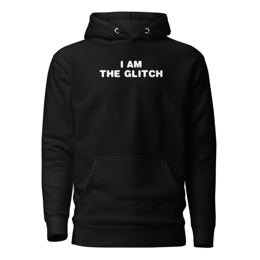"I am the glitch" printed on a black on an invisible / simulated body