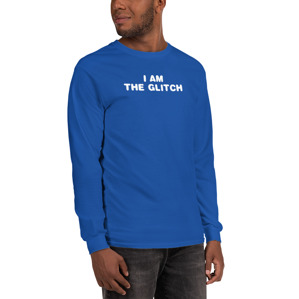 "I am the glitch" printed on a royal men's long sleeve shirt worn by a male