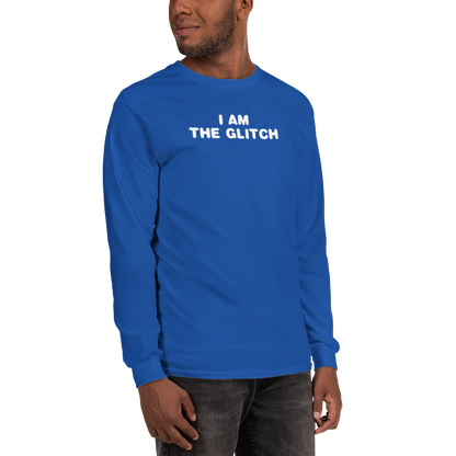 "I am the glitch" printed on a royal men's long sleeve shirt worn by a male