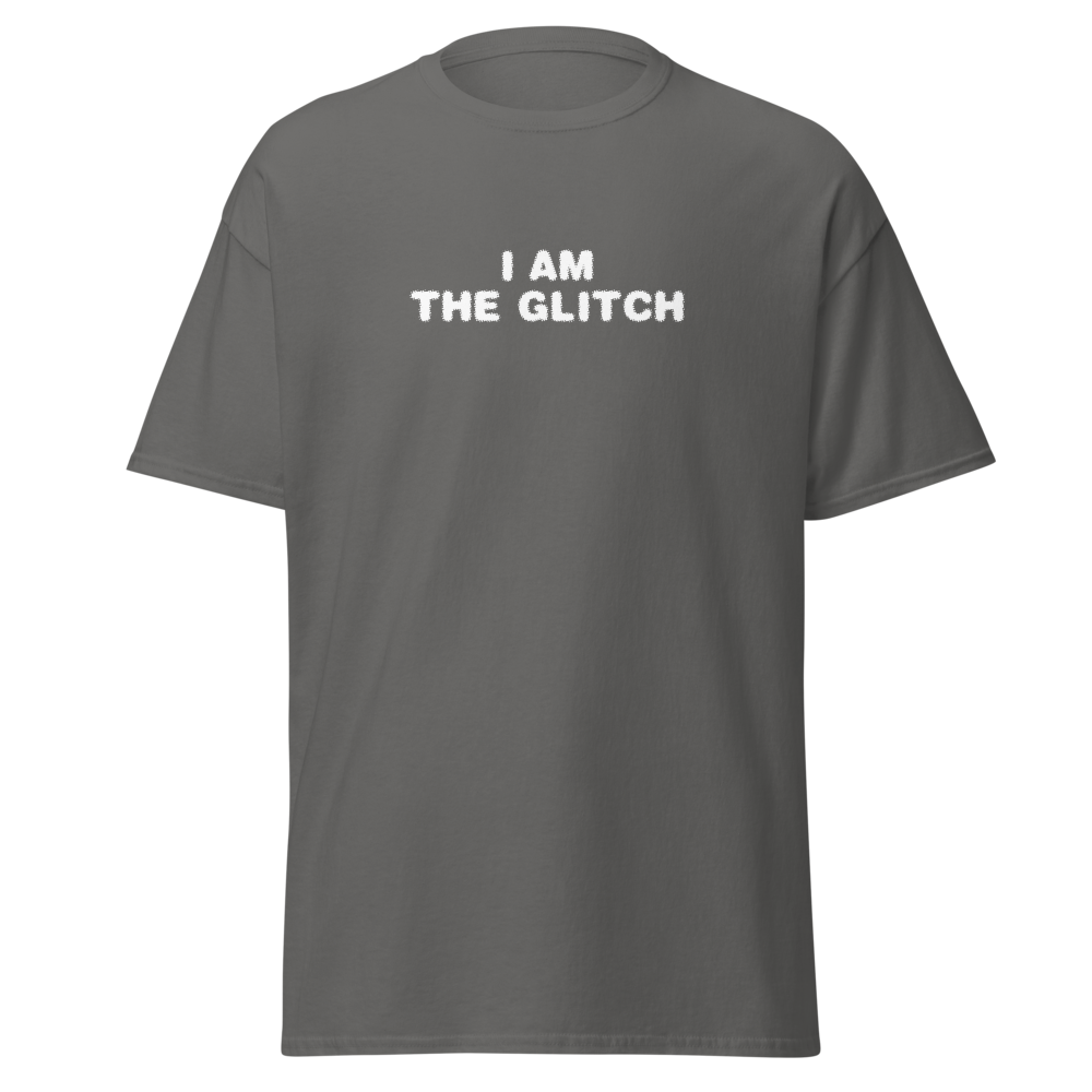 "I am the glitch" printed on a charcoal on an invisible body