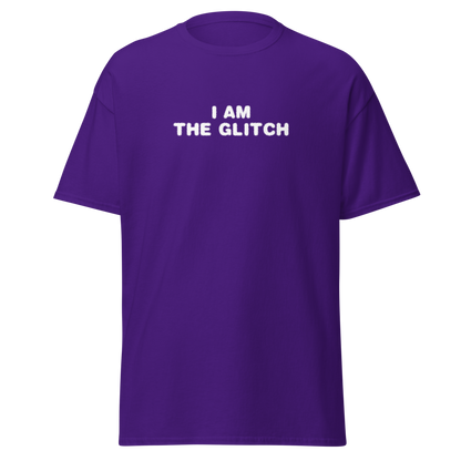 "I am the glitch" printed on a purple on an invisible body