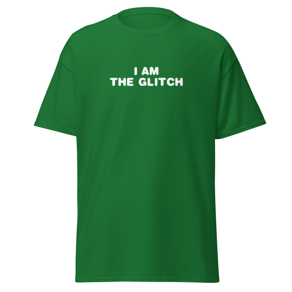 "I am the glitch" printed on a turf green on an invisible body
