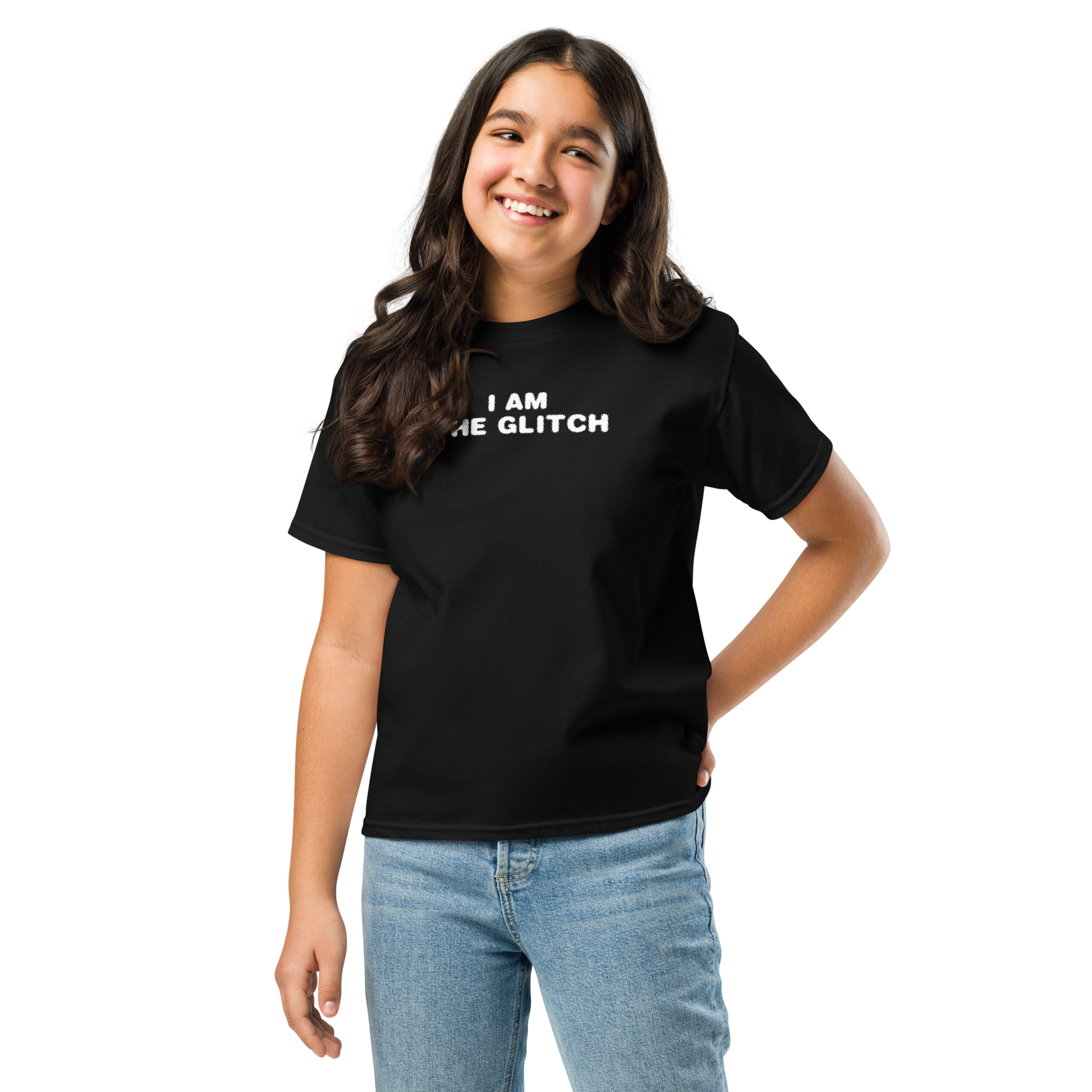 "I am the glitch" printed on a black youth classic tee worn by a female