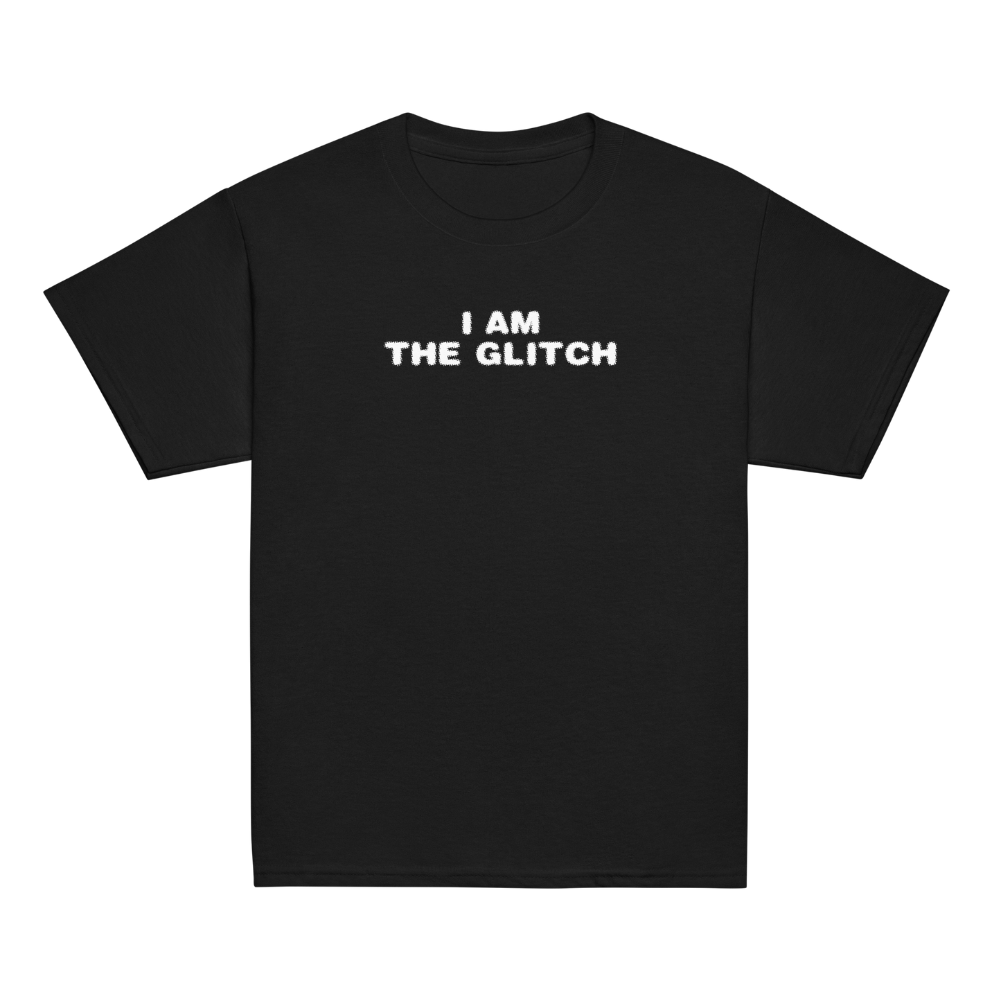 "I am the glitch" printed on a black youth classic tee laying on a flat surface