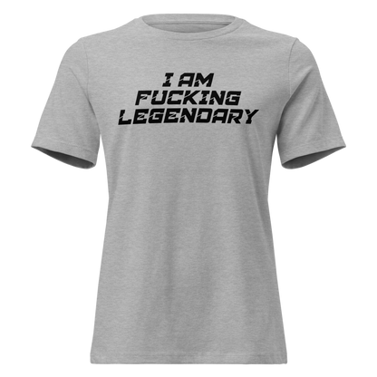 "I Am Fucking Legendary" printed on a athletic heather on an invisible / simulated body