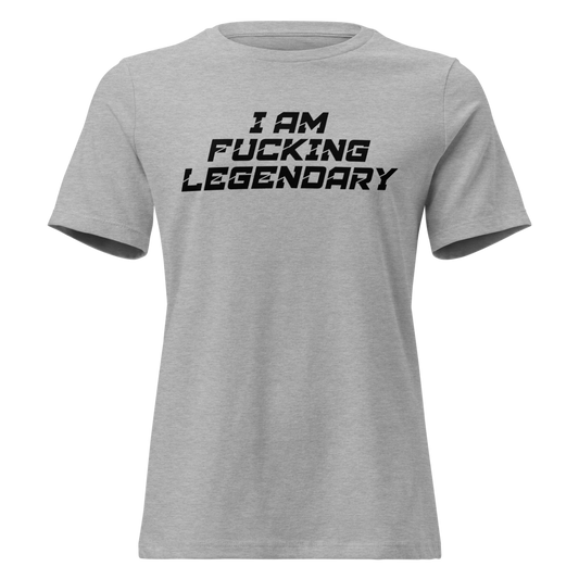 "I Am Fucking Legendary" printed on a athletic heather on an invisible / simulated body