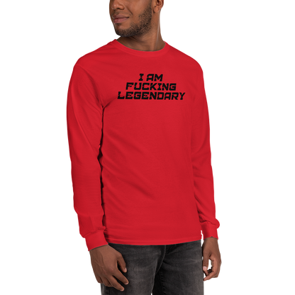 "I Am Fucking Legendary" printed on a red men's long sleeve shirt worn by a male
