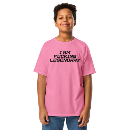 "I Am Fucking Legendary" printed on a azalea youth classic tee worn by a male