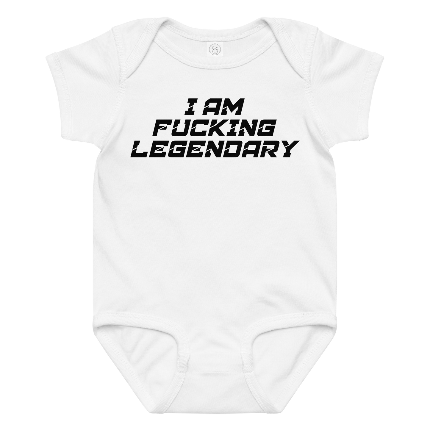 "I Am Fucking Legendary" printed on a white baby jersey bodysuit laying on a flat surface amongst other clothes