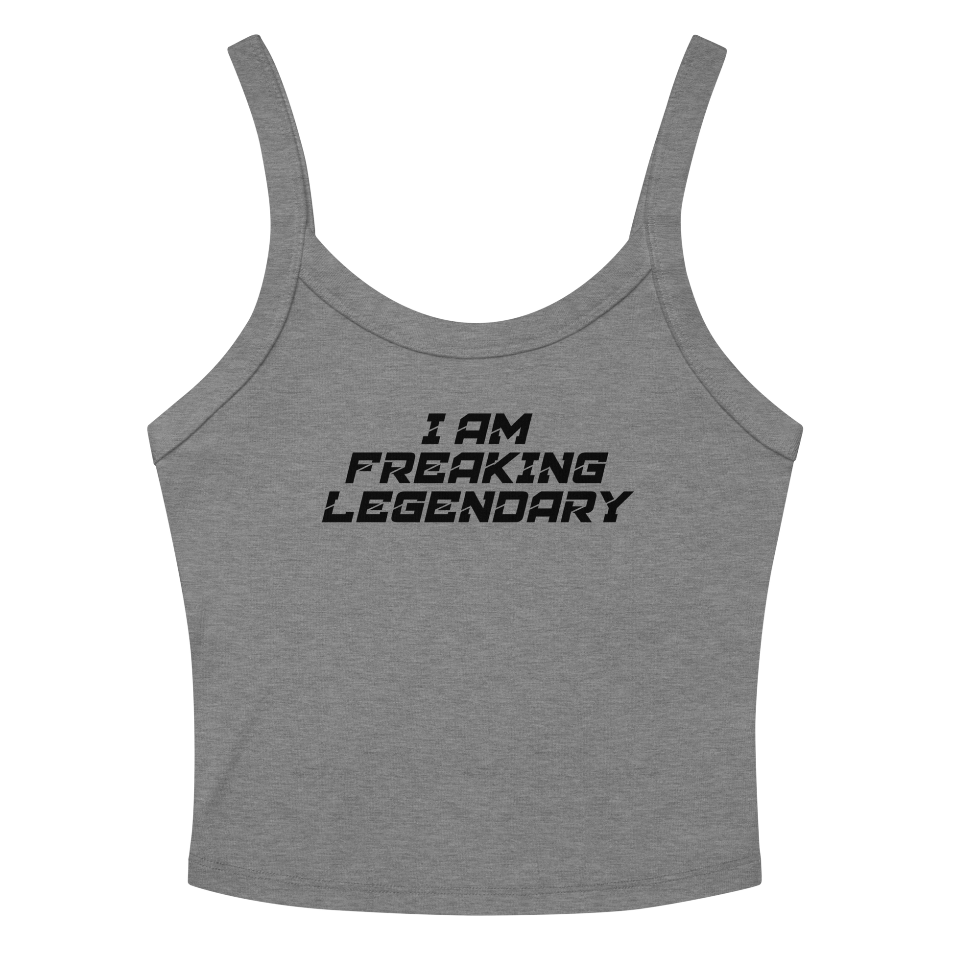 "I Am Freaking Legendary" printed on a athletic heather women's micro-rib tanktop laying on a flat surface amongst sunglasses and shorts
