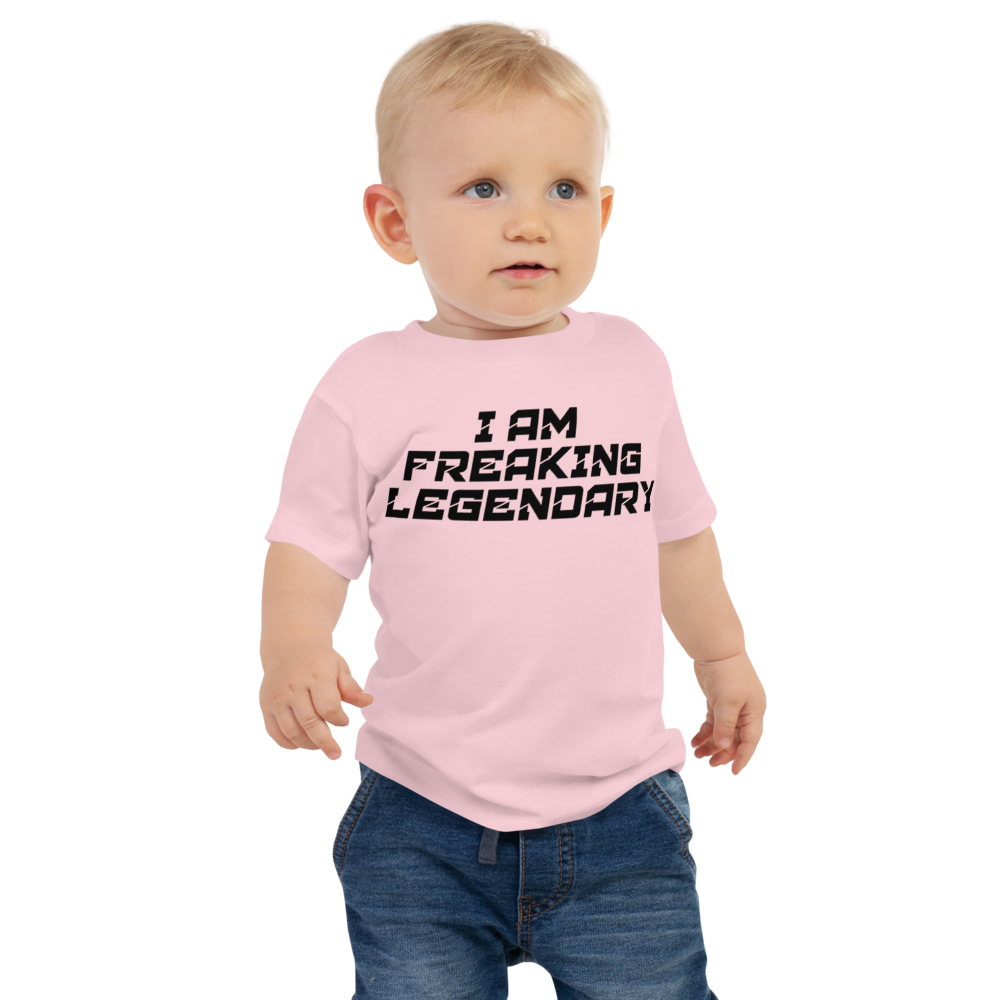 "I Am Freaking Legendary" printed on a pink baby jersey short sleeve tee worn by a male