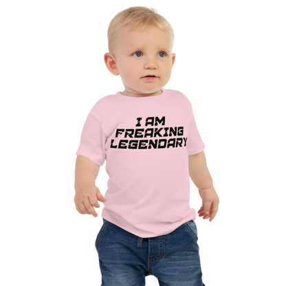 "I Am Freaking Legendary" printed on a pink baby jersey short sleeve tee worn by a male
