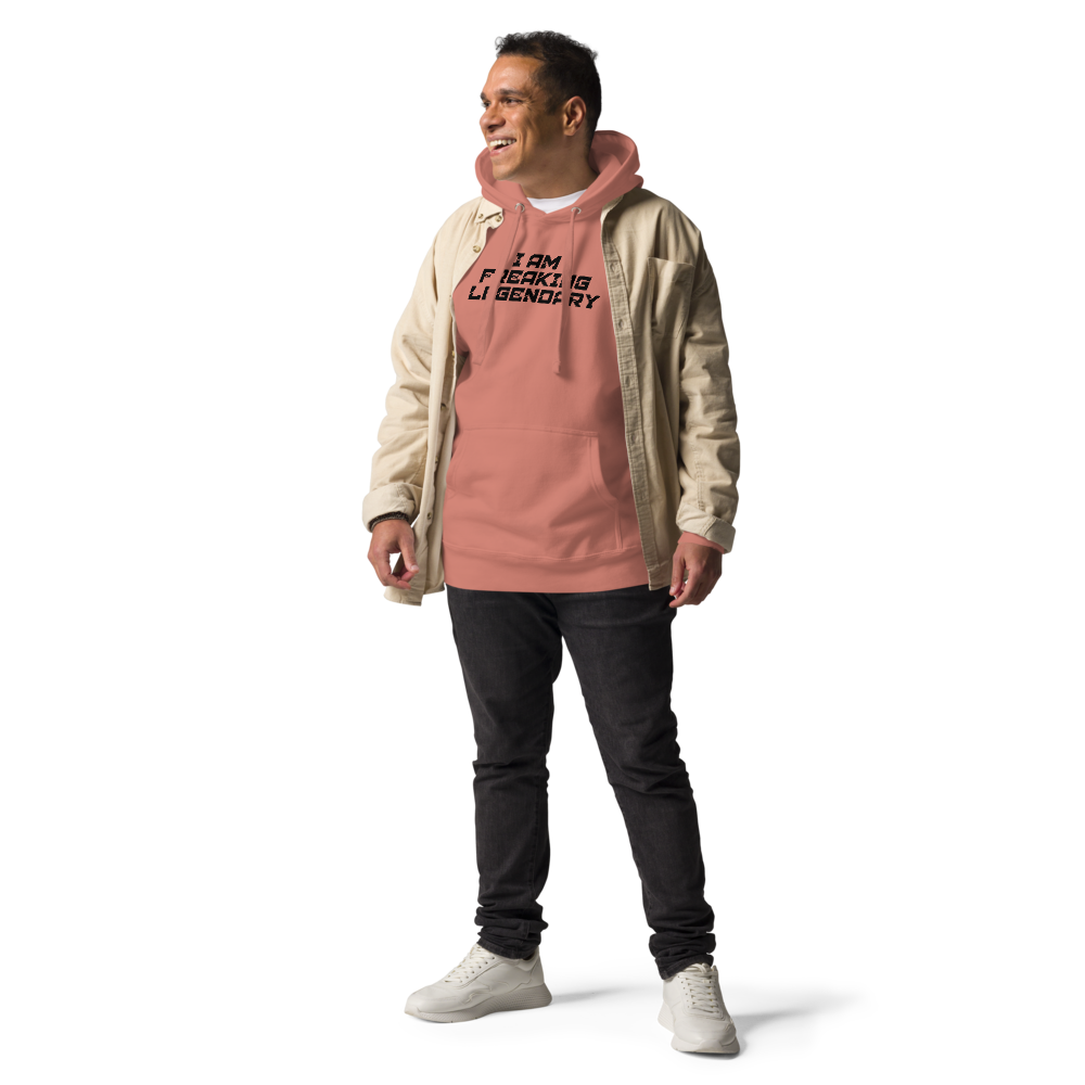 "I Am Freaking Legendary" printed on a dusty rose unisex hoodie worn by a male with a jacket on top