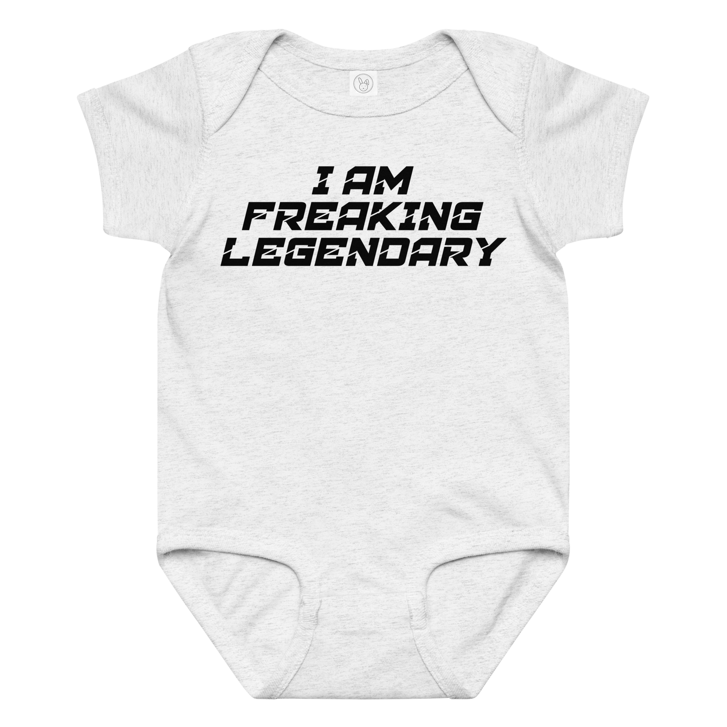 "I Am Freaking Legendary" printed on a ash baby jersey bodysuit laying on a flat surface amongst other clothes