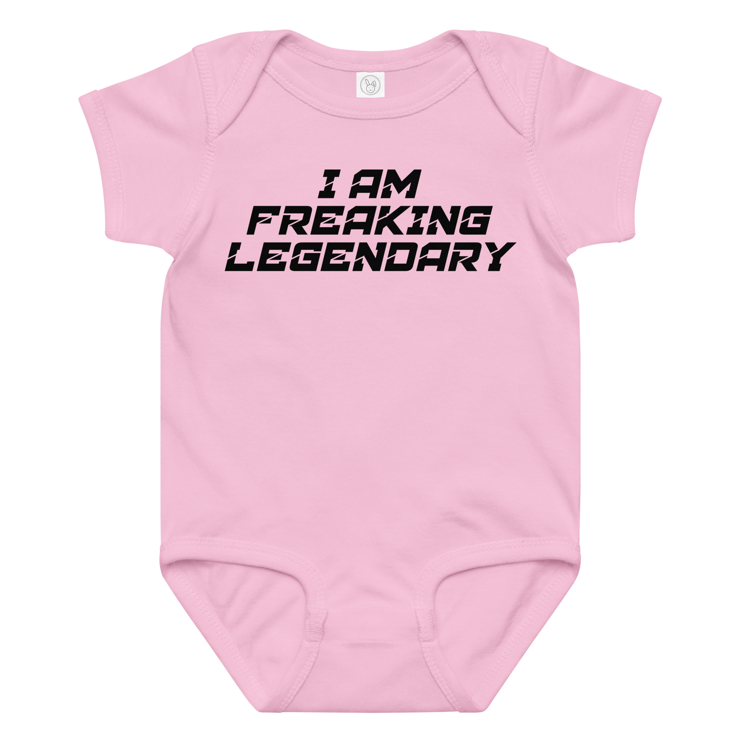 "I Am Freaking Legendary" printed on a pink baby jersey bodysuit laying on a flat surface amongst other clothes
