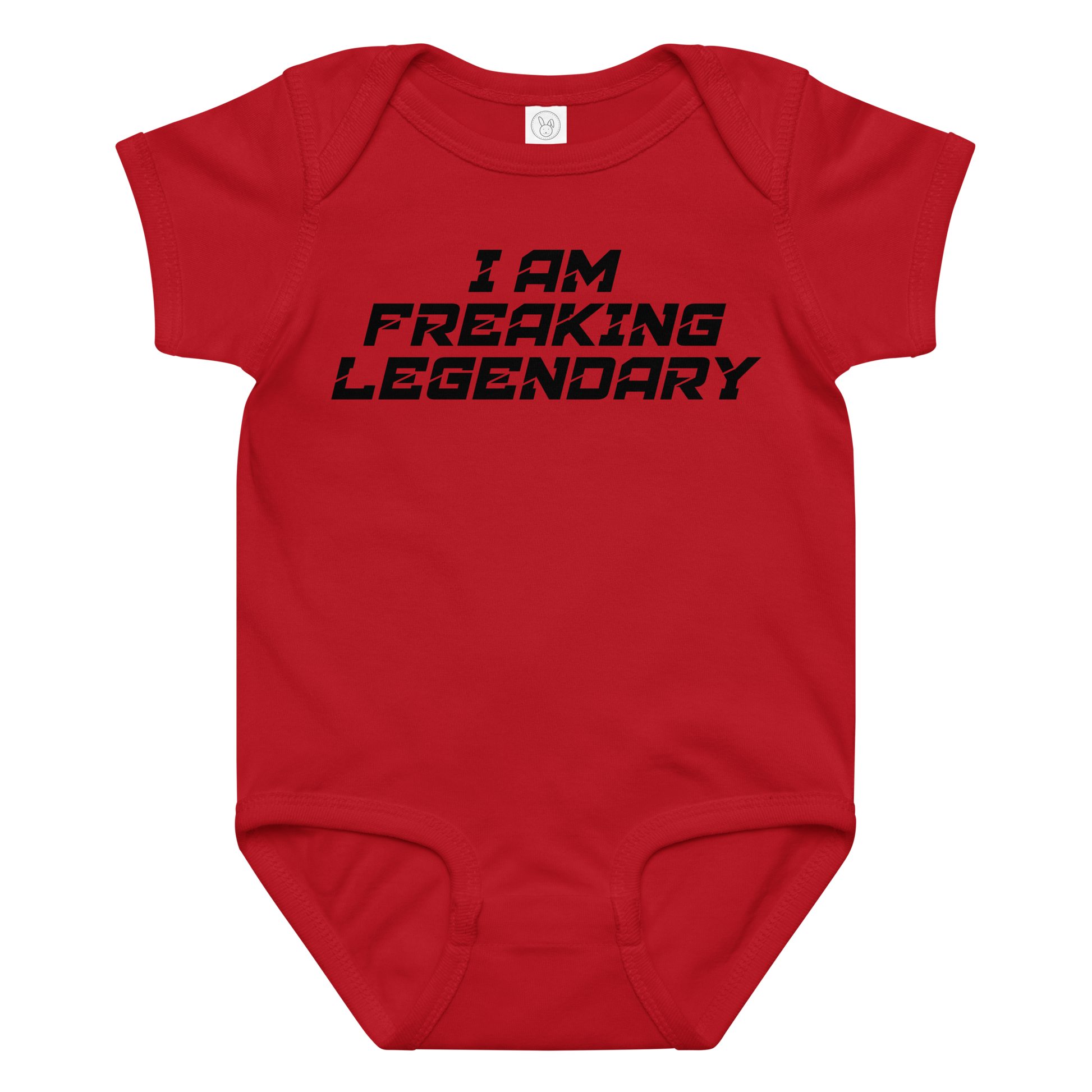 "I Am Freaking Legendary" printed on a red baby jersey bodysuit laying on a flat surface amongst other clothes