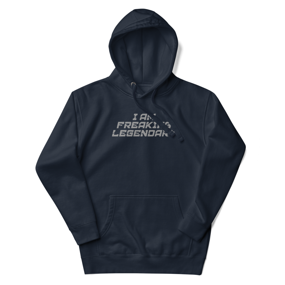 "I Am Freaking Legendary" printed on a navy blazer unisex hoodie laying on a flat surface with the hood up