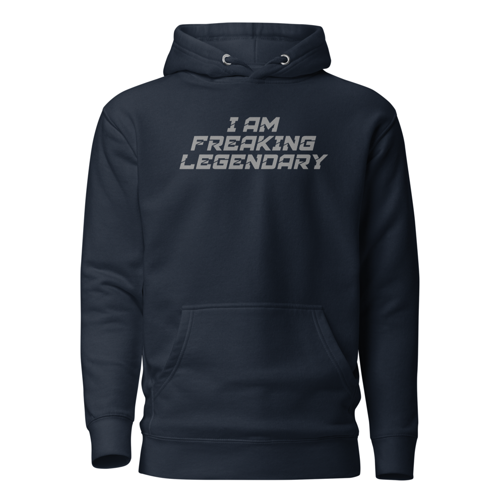 "I Am Freaking Legendary" printed on a navy blazer on an invisible / simulated body