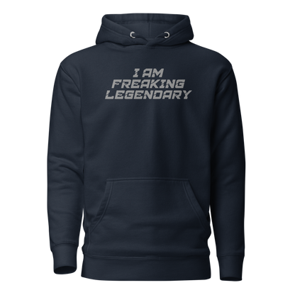 "I Am Freaking Legendary" printed on a navy blazer on an invisible / simulated body