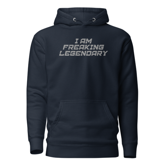 "I Am Freaking Legendary" printed on a navy blazer on an invisible / simulated body