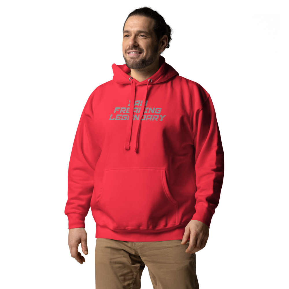 "I Am Freaking Legendary" printed on a team red unisex hoodie worn by a male