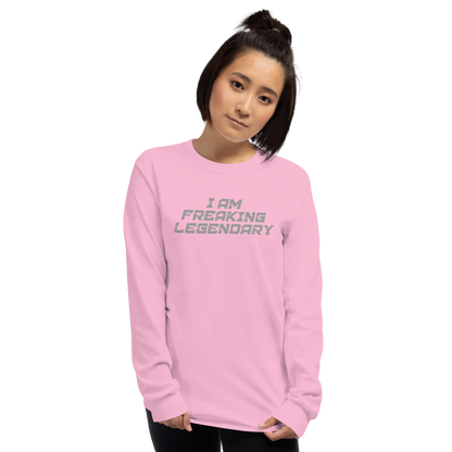 "I Am Freaking Legendary" printed on a light pink men's long sleeve shirt worn by a female