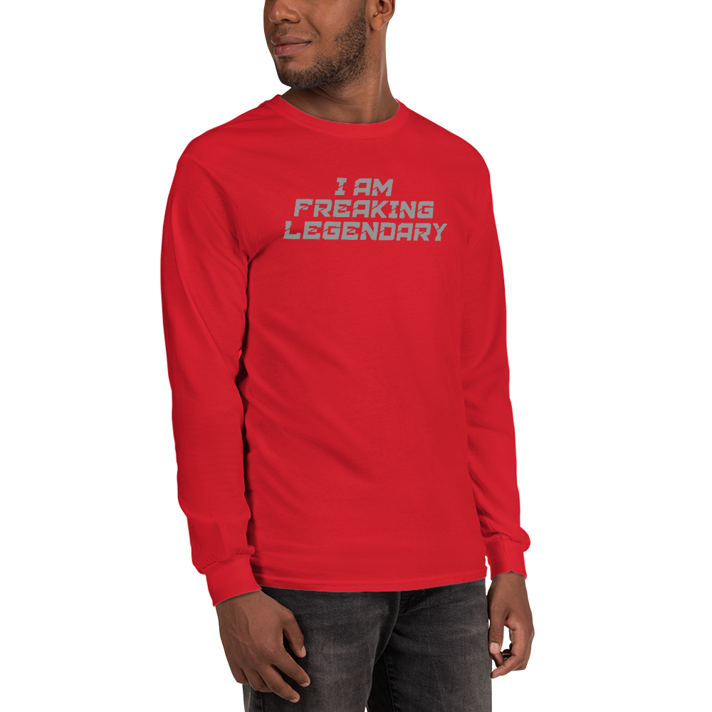 "I Am Freaking Legendary" printed on a red men's long sleeve shirt worn by a male