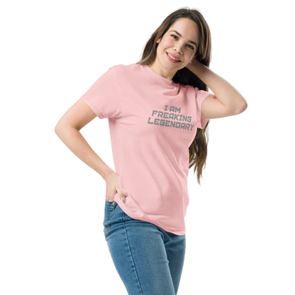 "I Am Freaking Legendary" printed on a light pink unisex classic tee worn by a female