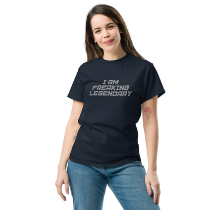 "I Am Freaking Legendary" printed on a navy unisex classic tee worn by a female