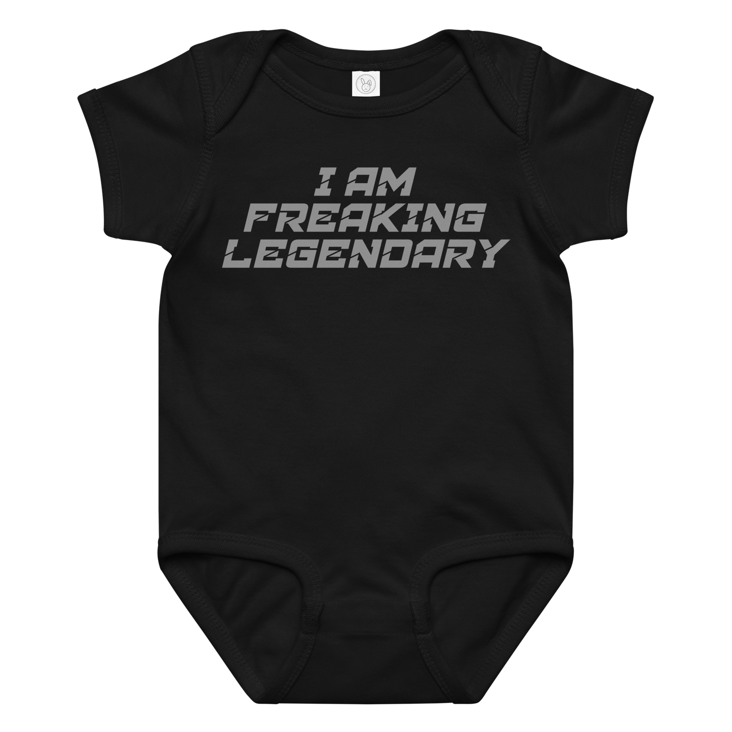 "I Am Freaking Legendary" printed on a black baby jersey bodysuit laying on a flat surface amongst other clothes